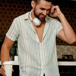 Campus Sutra White Classic Vertical Stripes Spread Collar Cotton Casual Shirt-image-83