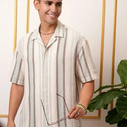 LOCOMOTIVE  Premium Dobby Textured Striped Cuban Collar Oversized Shirt-image-94