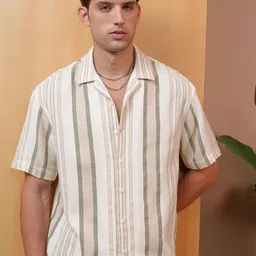 LOCOMOTIVE Premium Dobby Textured Striped Cuban Collar Oversized Shirt-image-92