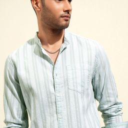 Locomotive Premium Olive Mocklino Dobby Textured Mandrain Collar Causal Shirt-image-87