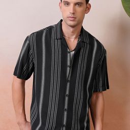 Locomotive Premium Dobby Textured Striped Cuban Collar Oversized Shirt-image-88