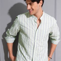 Locomotive Men Dobby Textured Stripped Mandarin Collar Casual Shirt-image-59