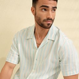LOCOMOTIVE Blue Textured Cuban Collar Relaxed Shirt-image-94