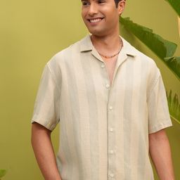 LOCOMOTIVE Premium Beige Dobby Textured Striped Cuban Collar Oversized Shirt-image-79