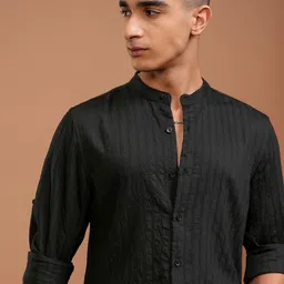 HIGHLANDER Men Band Collar Textured Slim Fit Casual Shirt-picture-17