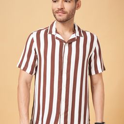 People Slim Fit Striped Printed Cuban Collar Short Sleeves Casual Shirt-picture-44