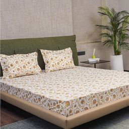URBAN SPACE Brown & White Printed Cotton 200 TC Single Bedsheet With 2 Pillow Covers-image-5