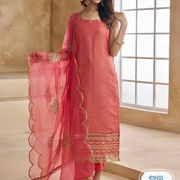 Inddus Peach-Coloured Woven Design Thread Work Straight Kurta & Trousers With Dupatta-image-40