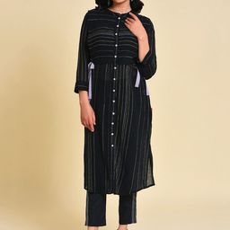 W Striped Thread Work Pure Cotton Kurta with Trousers-picture-3