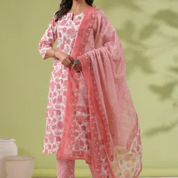 Janasya Floral Printed Notch Neck Pure Cotton Straight Kurta with Trousers & Dupatta-image-35