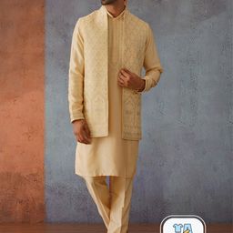 KALPRAAG Fawn Embroidered Kurta Jacket Set-image-21