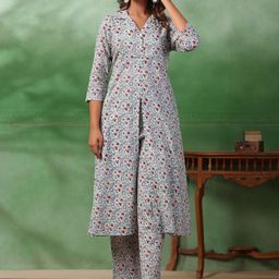 Sangria Shirt Collar Printed Pure Cotton A-Line Kurta With Trouser Set-image-57