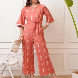 Vishudh Printed Round Neck Cotton Jumpsuit With Belt-image-53