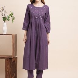 KALINI Yoke Design Pleated Thread Work Pure Cotton Straight Kurta with Trousers-22