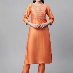 Sringam Ethnic Motifs Embroidered Mirror Work Straight Kurta with Trousers-picture-27