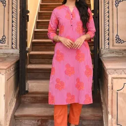 SAVI Women Floral Printed Pure Cotton Straight Kurta with Trousers-picture-12