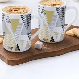 Larah by BOROSIL White & Black 2 Pieces Geometric Printed Opalware Matte Mugs-350 ML Each-52