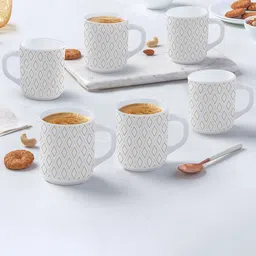 Larah by BOROSIL White & Brown 6 Pieces Geometric Printed Opalware Matte Mugs-250 ML Each-0