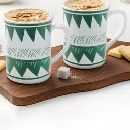 Larah by BOROSIL 2 Pcs White & Green Geometric Printed Opalware Matte Mugs - 350 ML Each-0