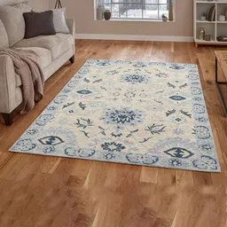 saraswatii global Blue & Beige Floral Printed Woolen Rectangle Carpet-58