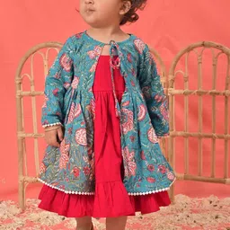 VASTRAMAY Girls Cotton Dress With Printed Jacket-image-43