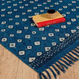 HANDICRAFT PALACE Blue & White Hand Block Printed Cotton Carpet-56