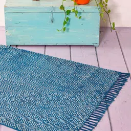 HANDICRAFT PALACE Blue & White Hand Block Printed Cotton Carpet-55