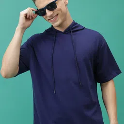 KETCH Navy Blue Striped Drop-Shoulder Sleeves Hooded Longline Oversized T-shirt-image-2