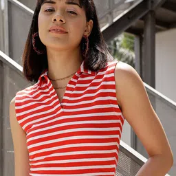 STREET 9 Red & White Striped Polo Collar Crop Pure Cotton T-shirt-image-77