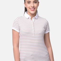 Woods Women White & Pink Striped Polo Collar T-shirt-picture-15