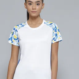 Alcis Women White & Blue Printed Slim Fit Sports T-shirt-11