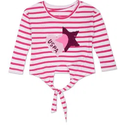 U.S. Polo Assn. Kids Girls Horizontal Striped Waist Tie-Ups Pure Cotton Top-picture-35