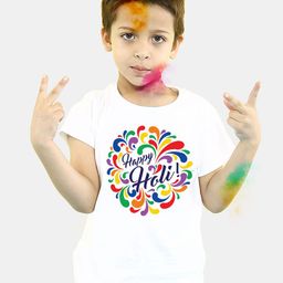 BONKIDS Boys White  Happy Holi Round Neck T-shirt-image-27