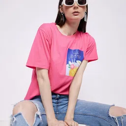 Mast & Harbour Pink Graphic Printed Oversized Pure Cotton T-shirt-picture-30