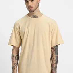 VEIRDO Beige Drop-Shoulder Sleeves Pure Cotton Oversized T-shirt-image-17