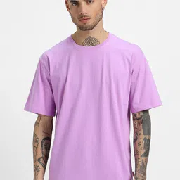 VEIRDO Purple Drop-Shoulder Sleeves Pure Cotton Oversized T-shirt-image-98