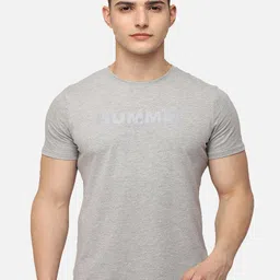 hummel Men Grey Melange Brand Logo Printed Pure Cotton T-shirt-image-2