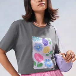 Tokyo Talkies Women Floral Printed Round Neck Longline Oversized T-shirt-image-4