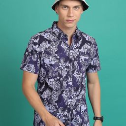 HIGHLANDER Purple Slim Fit Floral Printed Casual Cotton Shirt-image-0