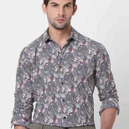 Mufti Men Trim Slim Fit Floral Sheer Printed Casual Cotton Shirt-picture-30