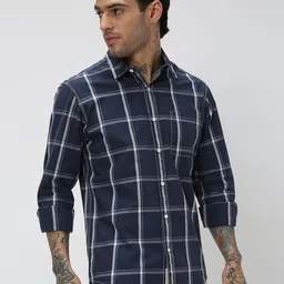 Mufti Trim Slim Fit Windowpane Checked Casual Pure Cotton Shirt-image-81