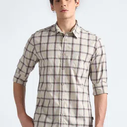 Flying Machine Spread Collar Tartan Checked Twill Casual Pure Cotton Shirt-image-31