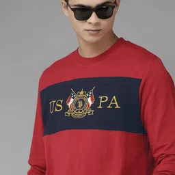 U S Polo Assn Men Red Brand Logo Printed Colourblocked Pure Cotton Sweatshirt-image-20