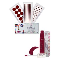 PERPAA Power Stay Non Transfer Lipstick-09 & Set of 3 Premium Maroon Bindi- Size 7.5,01,09-21
