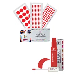PERPAA Power Stay Non Transfer Lipstick-01 & Set of 3 Premium Red Bindis - Size 7.5,02,05-image-91
