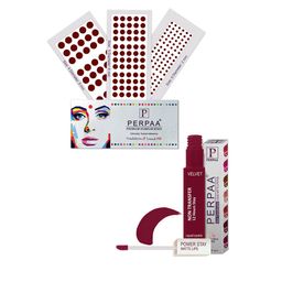 PERPAA Power Stay Non Transfer Lipstick-09 & Set of 3 Premium Maroon Bindis- Size 04,05,09-12