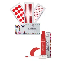 PERPAA Power Stay Non Transfer Lipstick-01 & Set of 3 Premium Red Bindis- Size 7.5,02,10-image-69