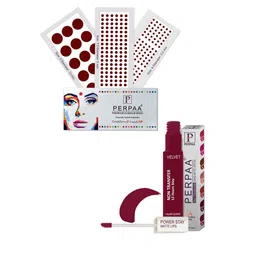 PERPAA Power Stay Non Transfer Lipstick-09 & Set of 3 Premium Maroon Bindis-Size 7.5,02,08-53