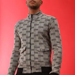 Campus Sutra Men Grey Geometric Checked Lightweight Crop Outdoor Bomber Jacket-picture-6