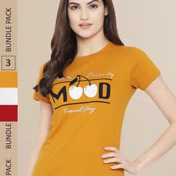 Fabflee Women Mustard Yellow & Red Pack of 3 Typography Printed Cotton T-shirts-13